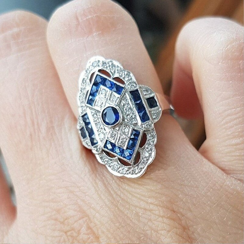Vintage Blue Sapphire European Silver Art Deco Ring