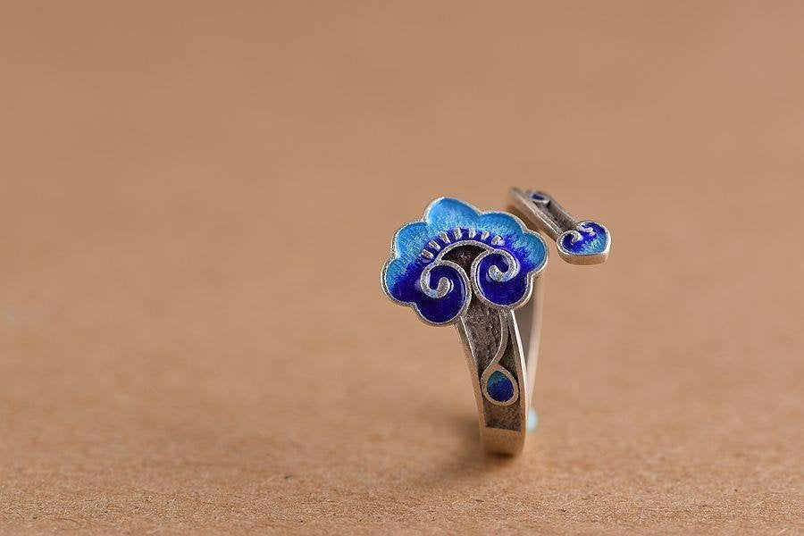 Blue Auspicious Cloud Enamel Open Silver Ring