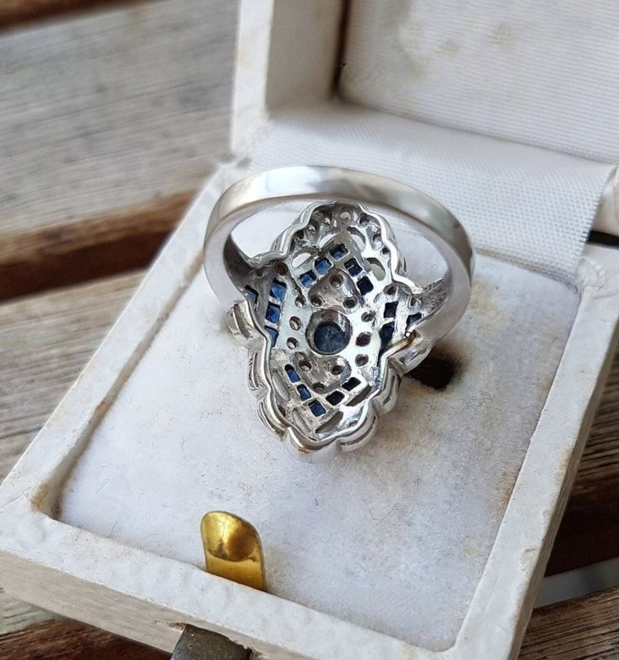 Vintage Blue Sapphire European Silver Art Deco Ring