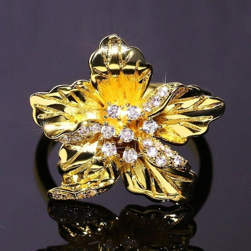 Handmade Epoxy Enamel Flower Elegant Gold Ring