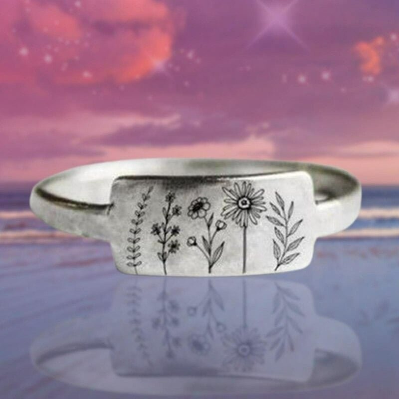 Carved Engraving Wildflowers Dandelion Daisy Silver Ring