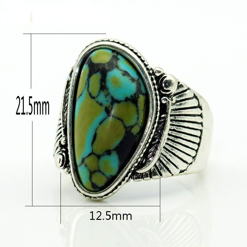 Vintage Blue Turquoise Antique Silver Feather Ring