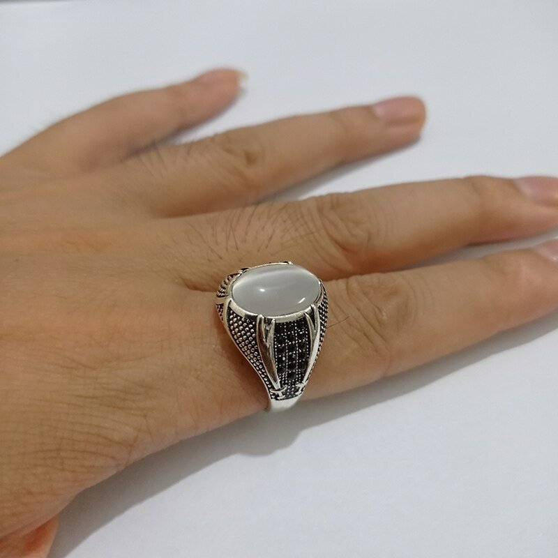 Men's 925 Sterling Silver Opal & Black CZ Geometric Statement Ring