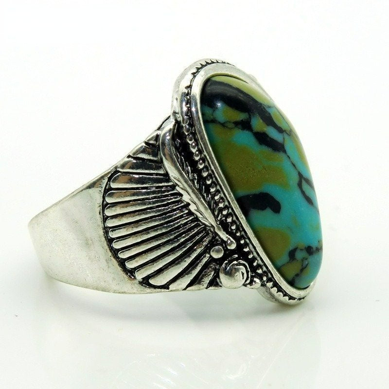 Vintage Blue Turquoise Antique Silver Feather Ring