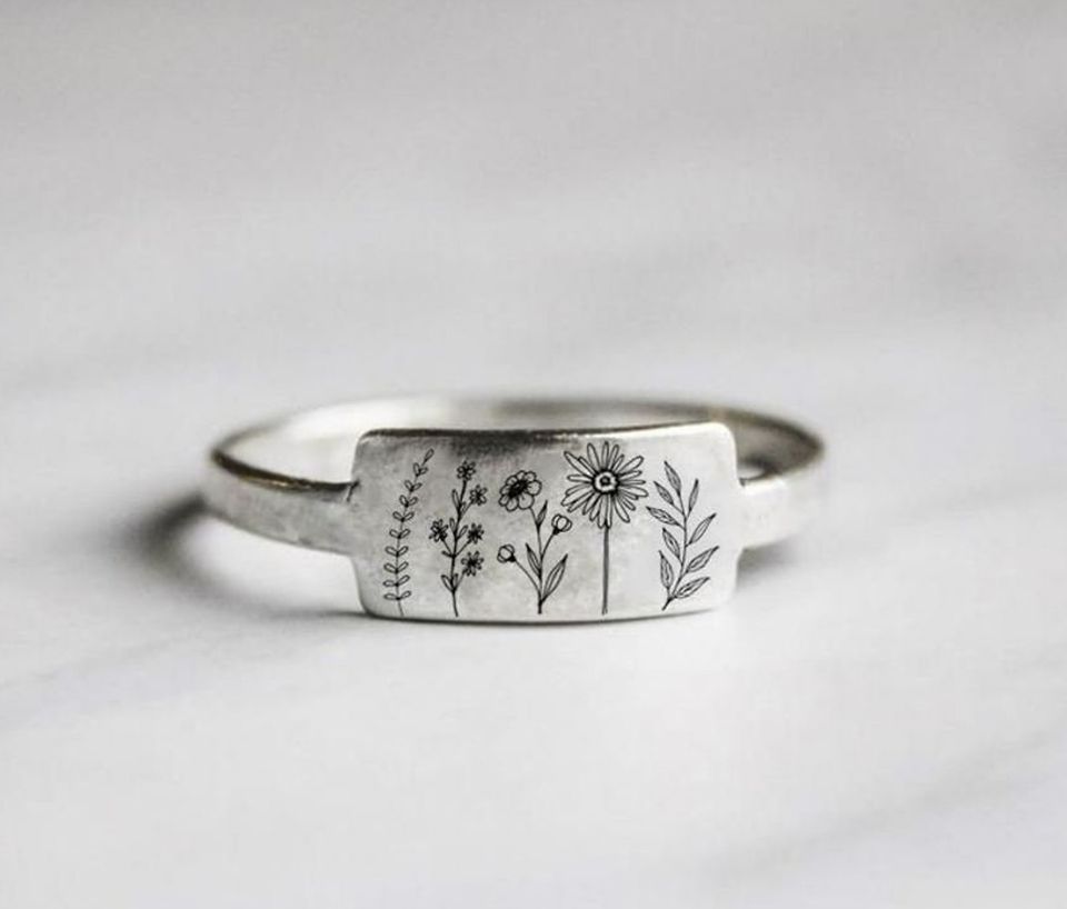 Carved Engraving Wildflowers Dandelion Daisy Silver Ring