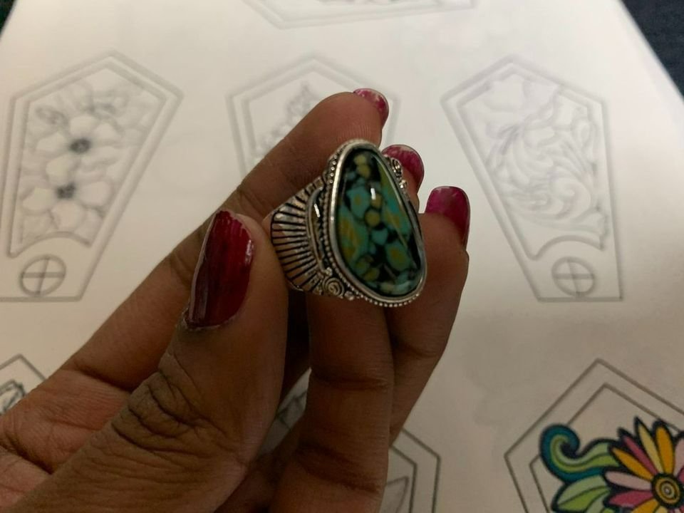 Vintage Blue Turquoise Antique Silver Feather Ring