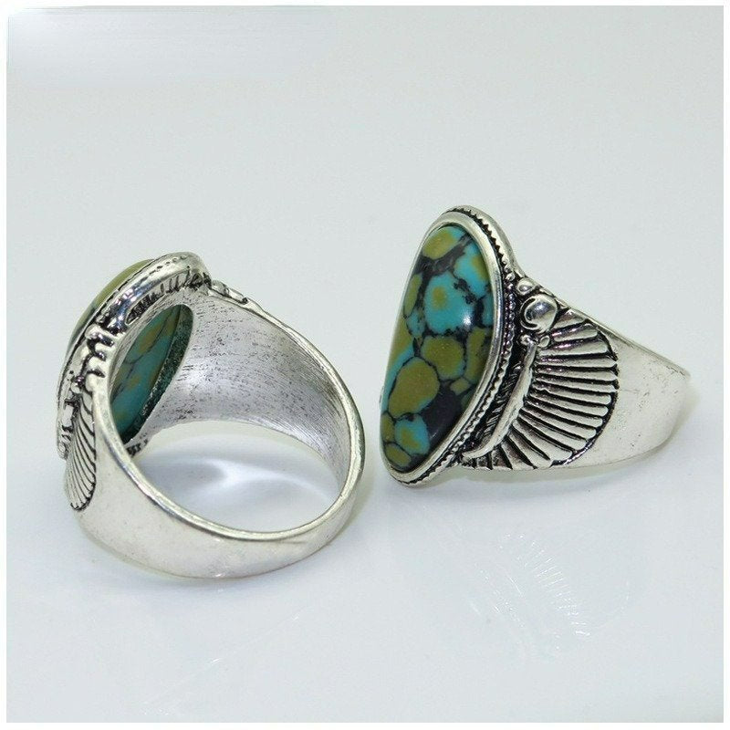 Vintage Blue Turquoise Antique Silver Feather Ring