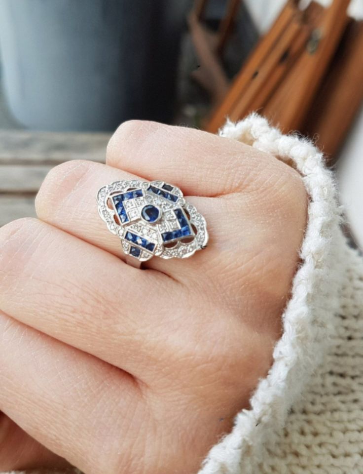 Vintage Blue Sapphire European Silver Art Deco Ring
