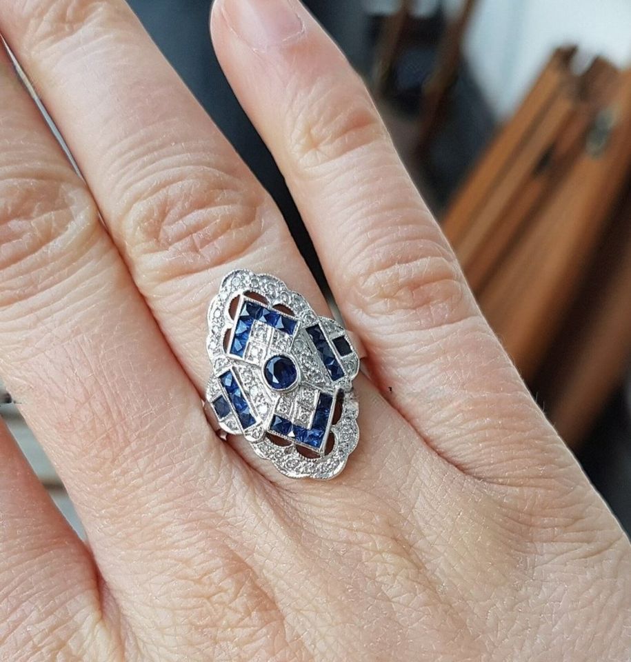 Vintage Blue Sapphire European Silver Art Deco Ring