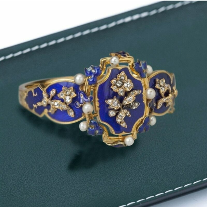 Handmade Vintage Blue Enamel Flower Gold Art Deco Ring