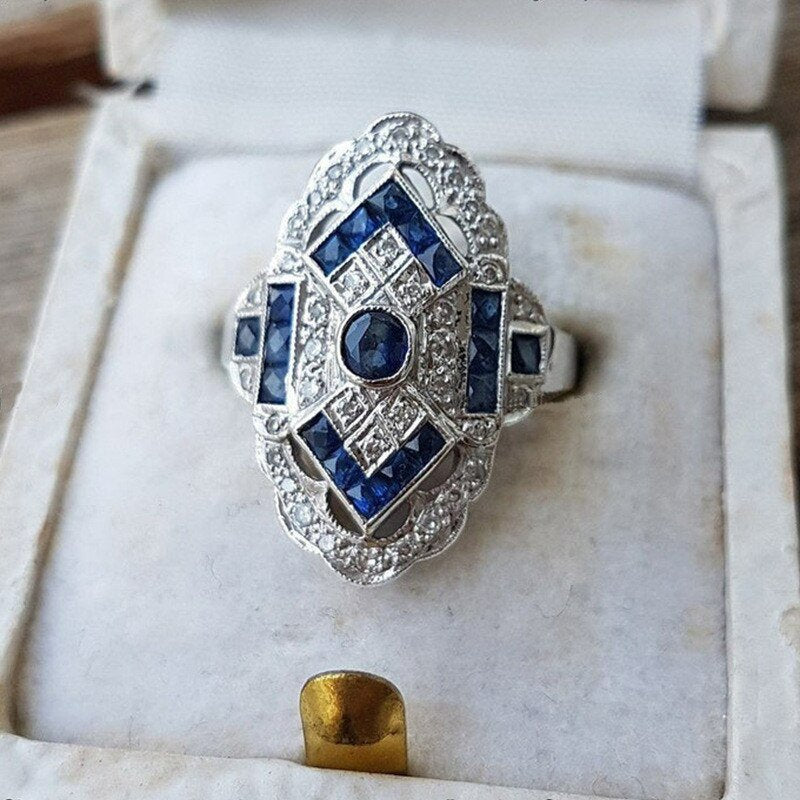 Vintage Blue Sapphire European Silver Art Deco Ring