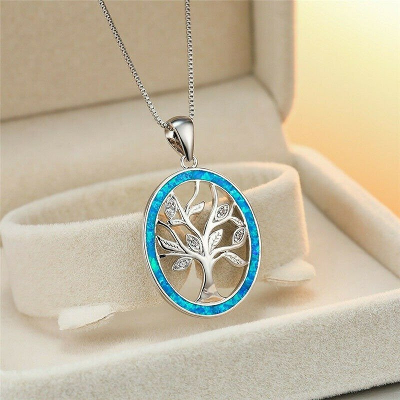 Round Blue Opal Tree Of Life Silver Necklace