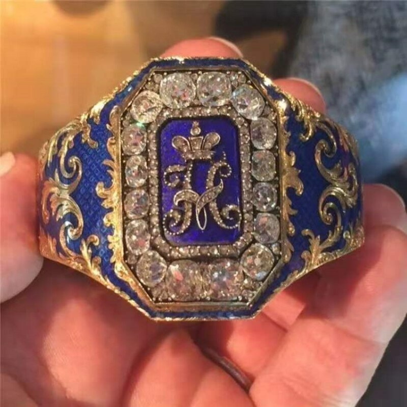 Men's Vintage Handmade Blue Enamel Engraved Gold Art Deco Ring