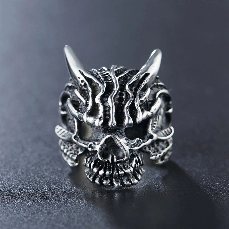 Men's Gothic Black Asura Skull Silver Open Biker Ring