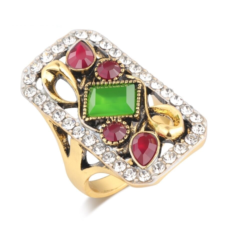 Big Vintage Green & Red Mosaic Antique Gold Ethnic Ring
