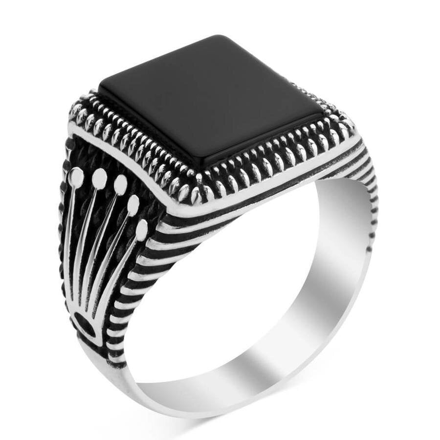 Men's Black Onyx Domineering Geometric Open Silver Ring