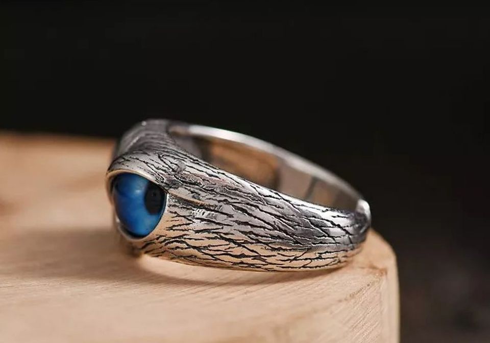 Glaring Nighthawk Eye Carved Silver Open Ring