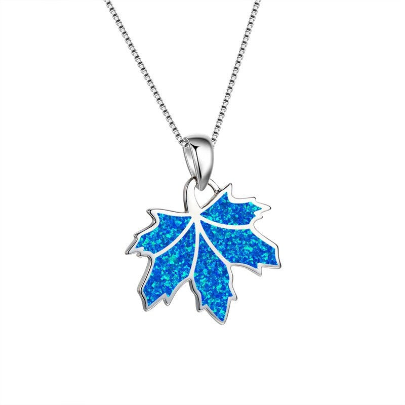 Blue Opal Maple Leaf Pendant Silver Nature Necklace