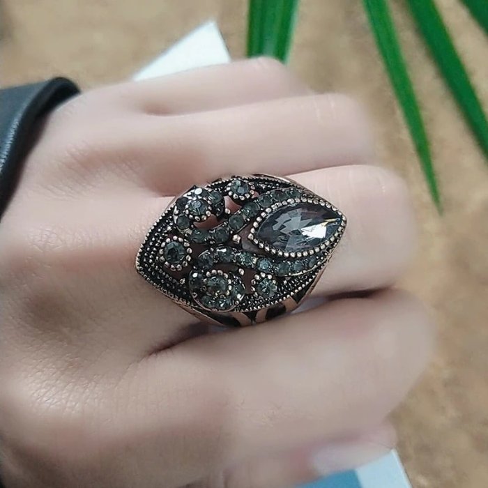 Vintage Boho Gray Hollow Ethnic Antique Gold Ring