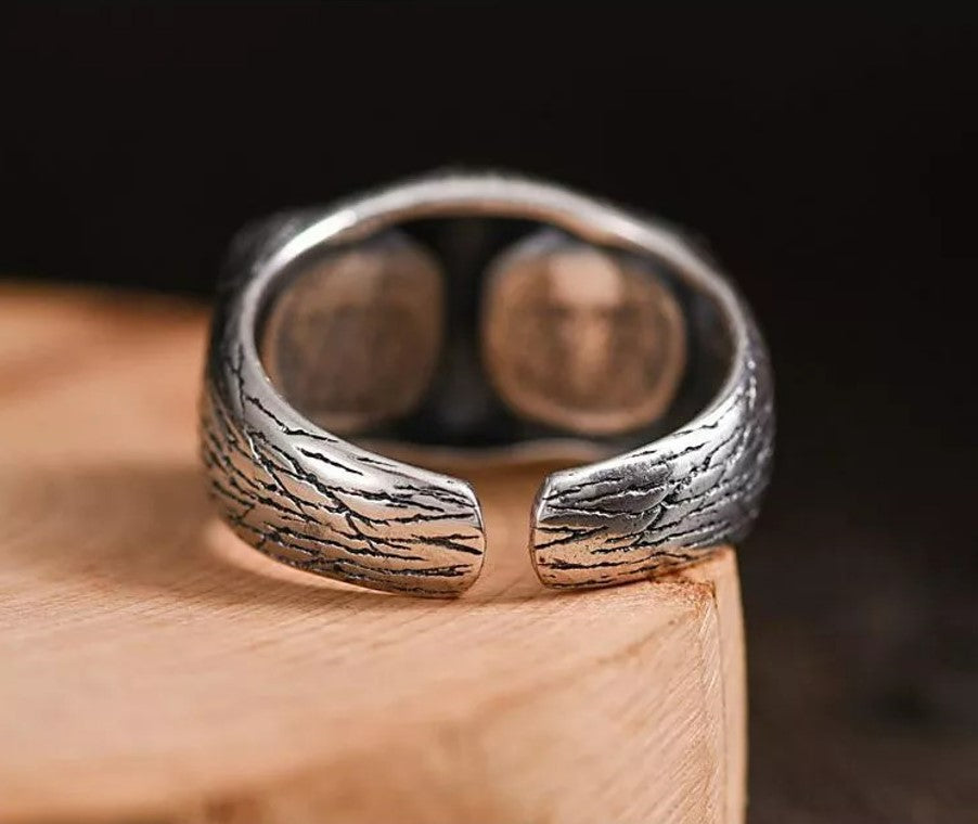Glaring Nighthawk Eye Carved Silver Open Ring