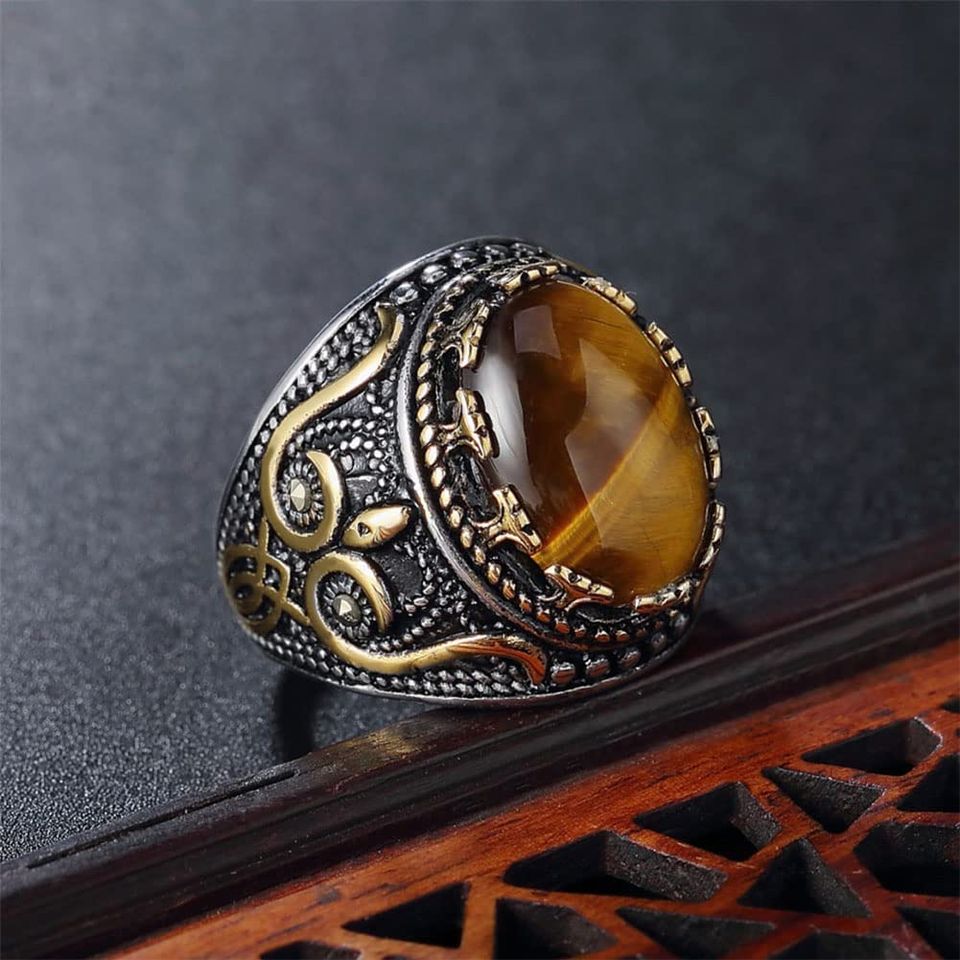 Men's Retro Oval Tiger's Eye King Crown Two-Tone Turkish Ring