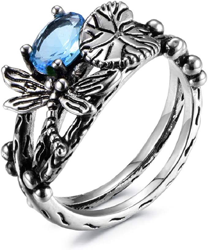 Retro Vintage Leaf Dragonfly Blue Crystal Silver Ring