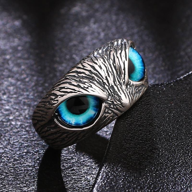 Glaring Nighthawk Eye Carved Silver Open Ring