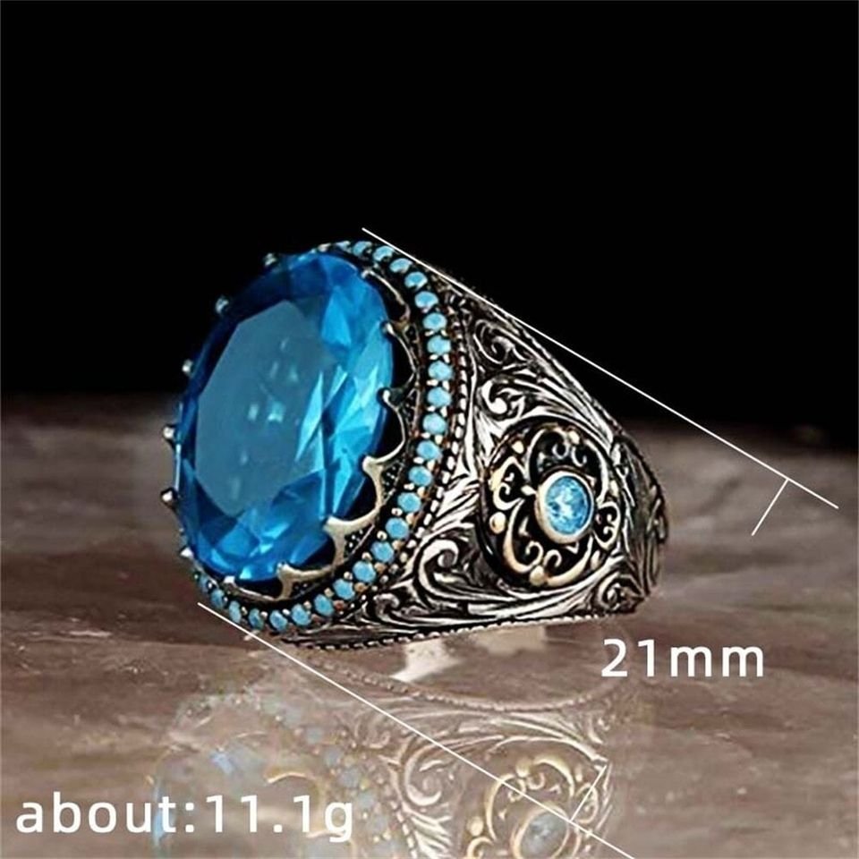 Men's Big Irregular Blue Oval Rhinestone Retro Silver Ring