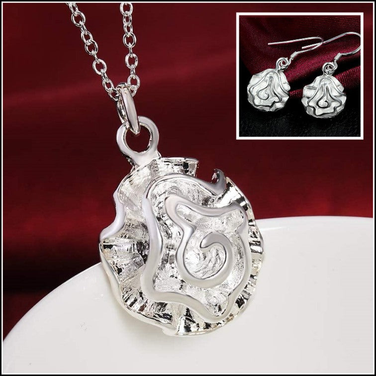 Classic Rose Sterling Silver Pendant Necklace Earrings & Chain Set