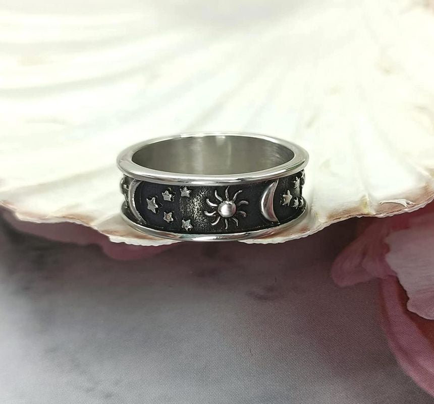 Vintage Moon Star Sun Statement Retro Silver Boho Ring