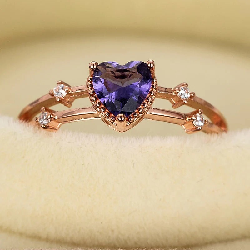 Sterling Silver Rose Gold Inlaid Purple Heart-Shape Ring