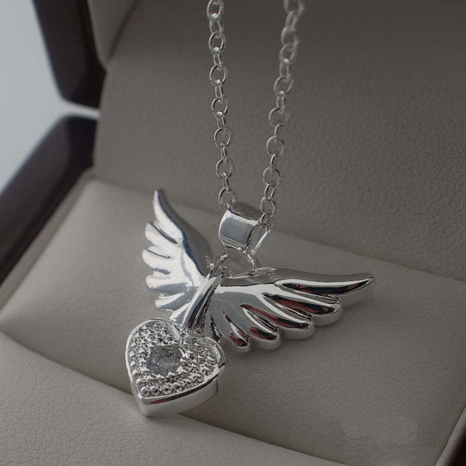 925 Sterling Silver Angel Wings Heart Pendant Necklace & Chain