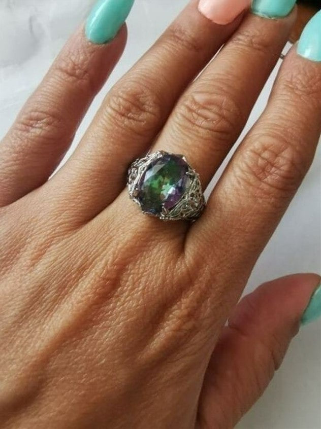 Big Mystic Rainbow Topaz Hollow Art Deco Silver Ring
