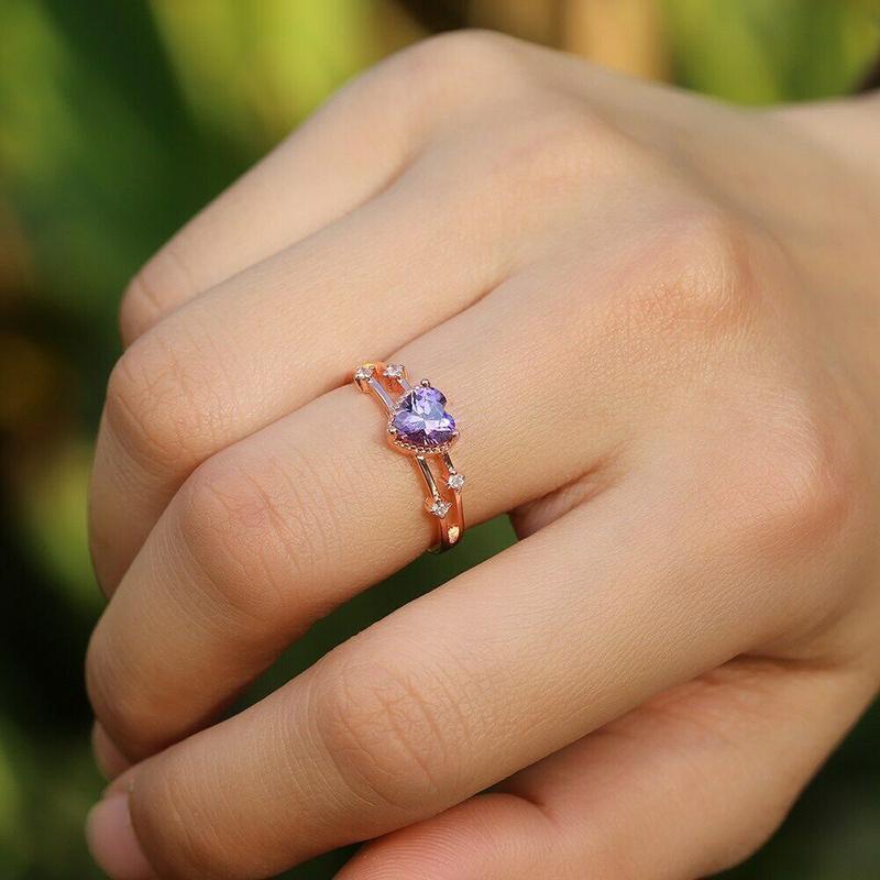Sterling Silver Rose Gold Inlaid Purple Heart-Shape Ring