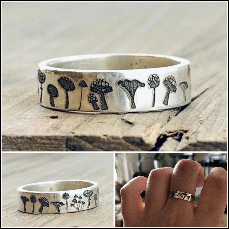 Mushrooms Flower Engraved Silver Ring