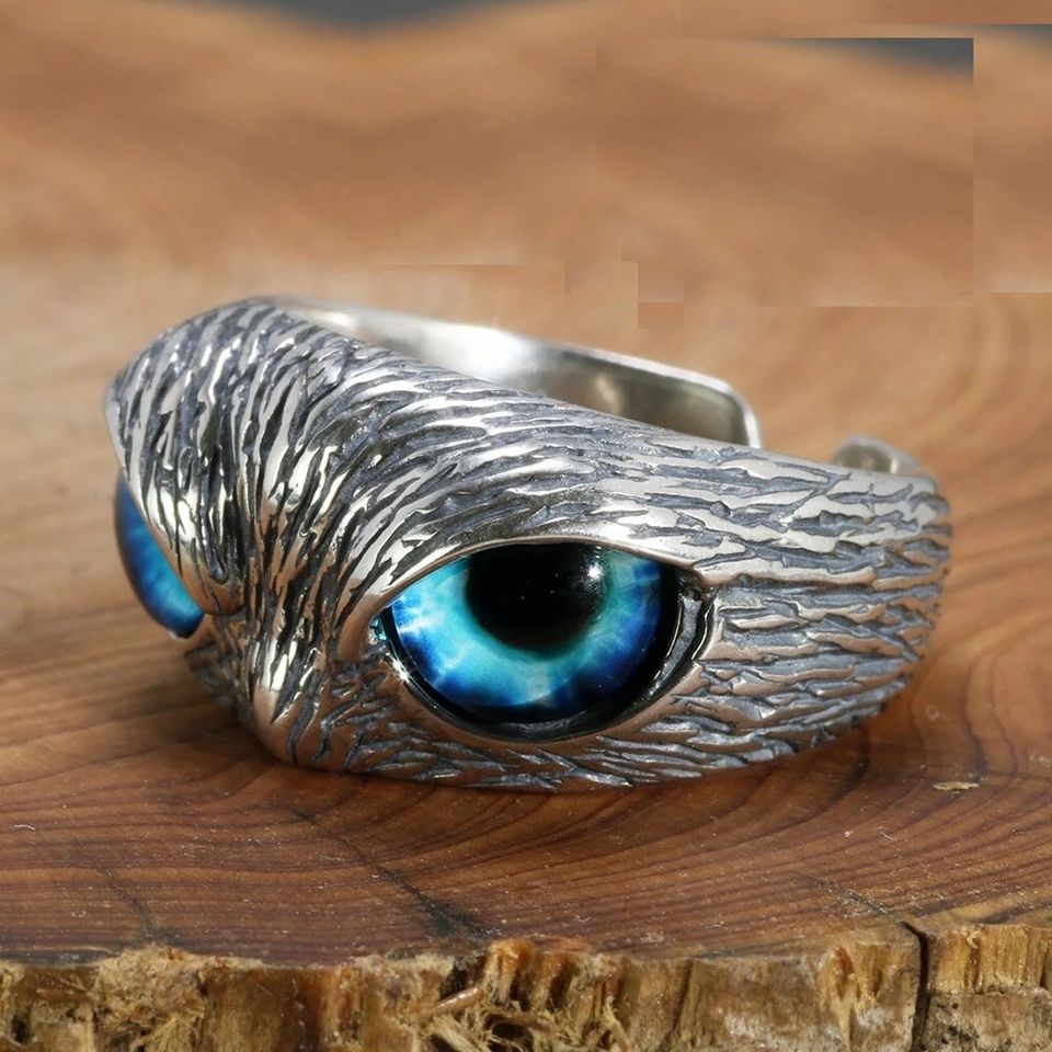 Glaring Nighthawk Eye Carved Silver Open Ring