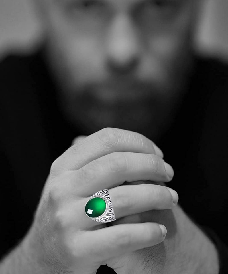 Men's 925 Sterling Silver Green Resin Hollow Open Ring