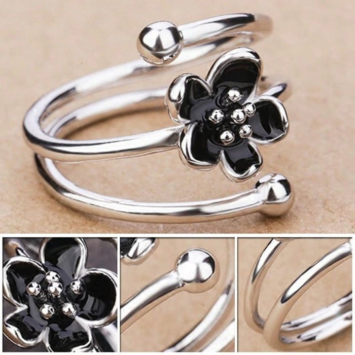 Black Mystic Flower Open Silver Ring