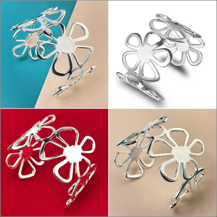 Huge 925 Sterling Silver Retro Hollow Flower Bracelet