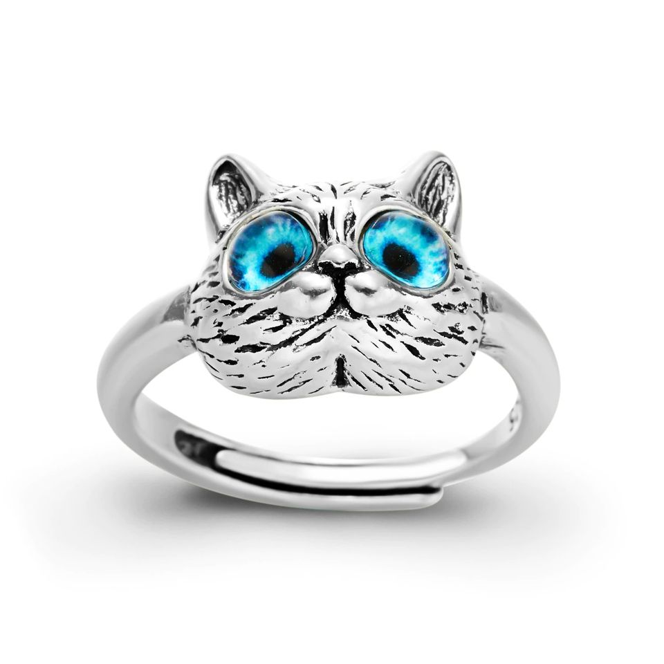 Sterling Silver Blue Eyes Cat Kitten Open Silver Animal Ring