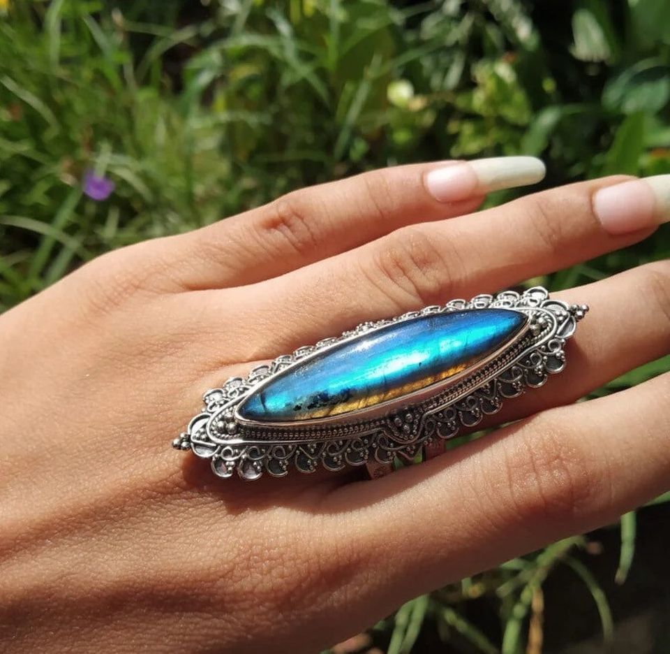 Vintage Labradorite Handmade Marquise Antique Silver Boho Ring