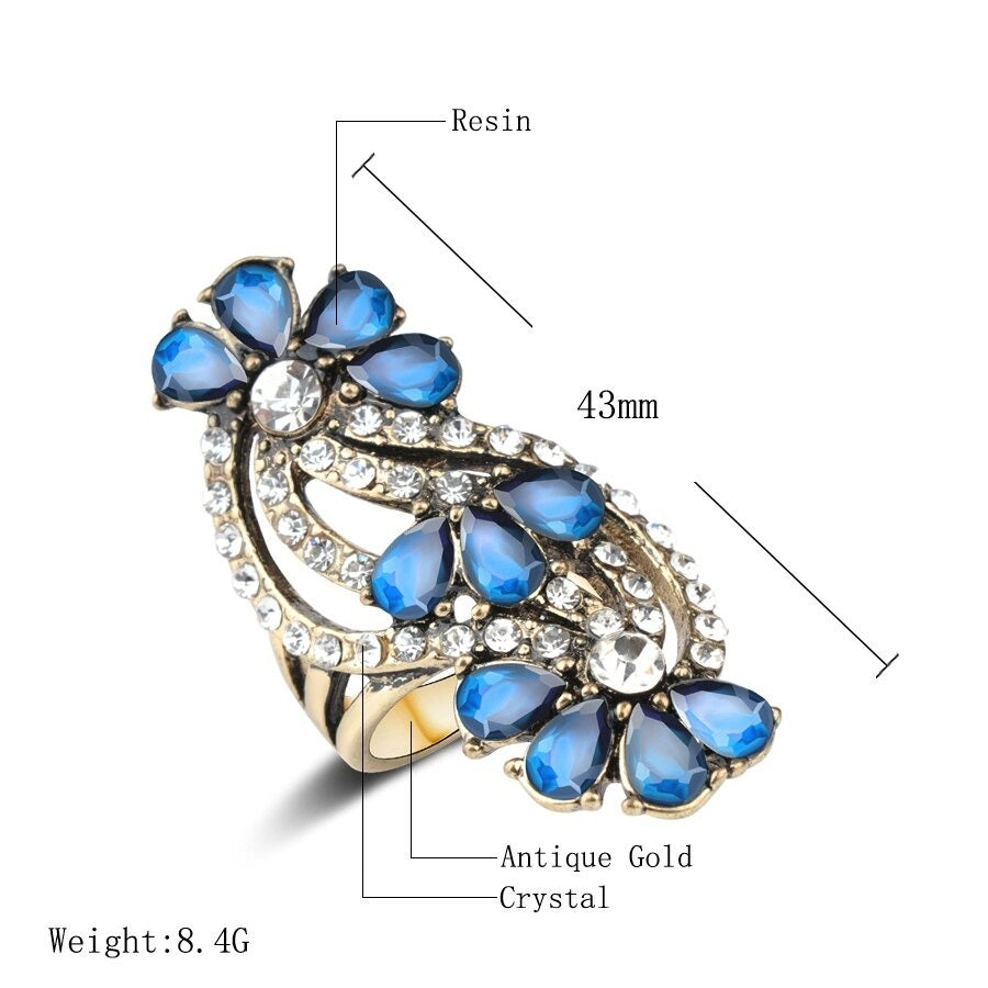 Big Vintage Blue Floral Antique Gold Bohemian Ring