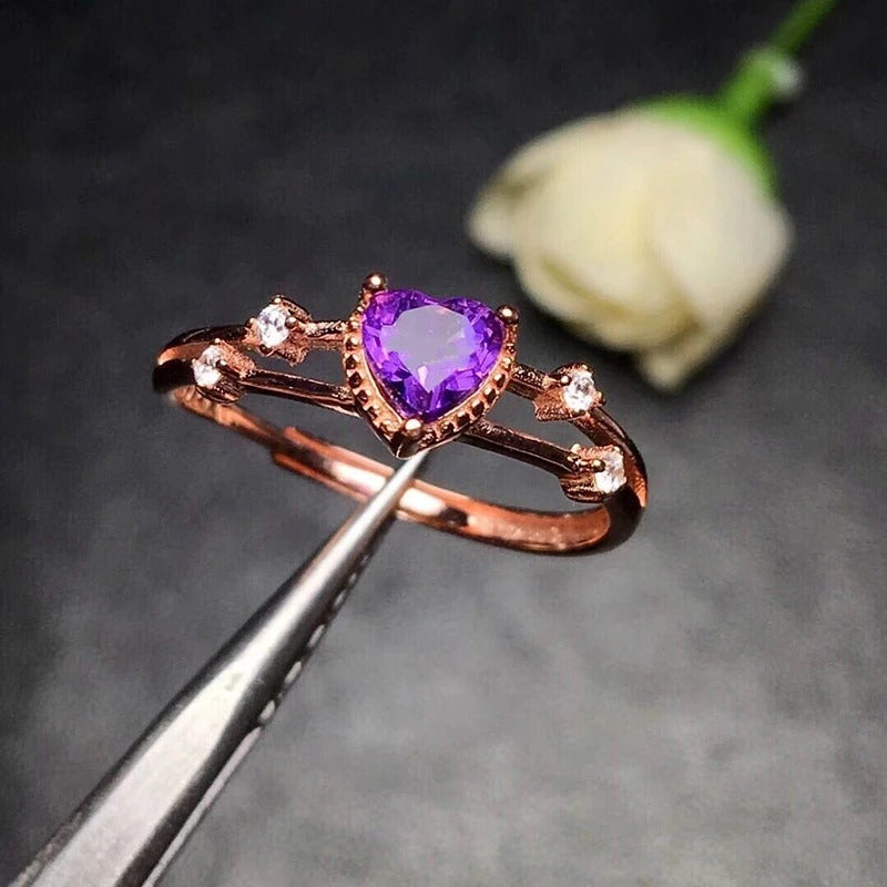 Sterling Silver Rose Gold Inlaid Purple Heart-Shape Ring