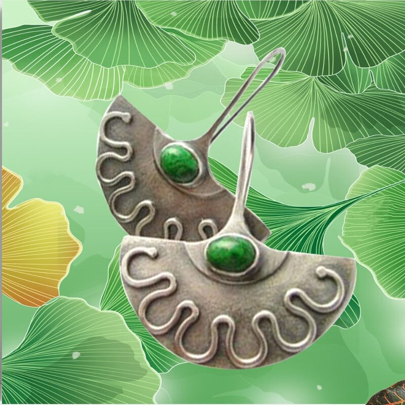 Vintage European Inlaid Green Turquoise Classic Leaf Earrings