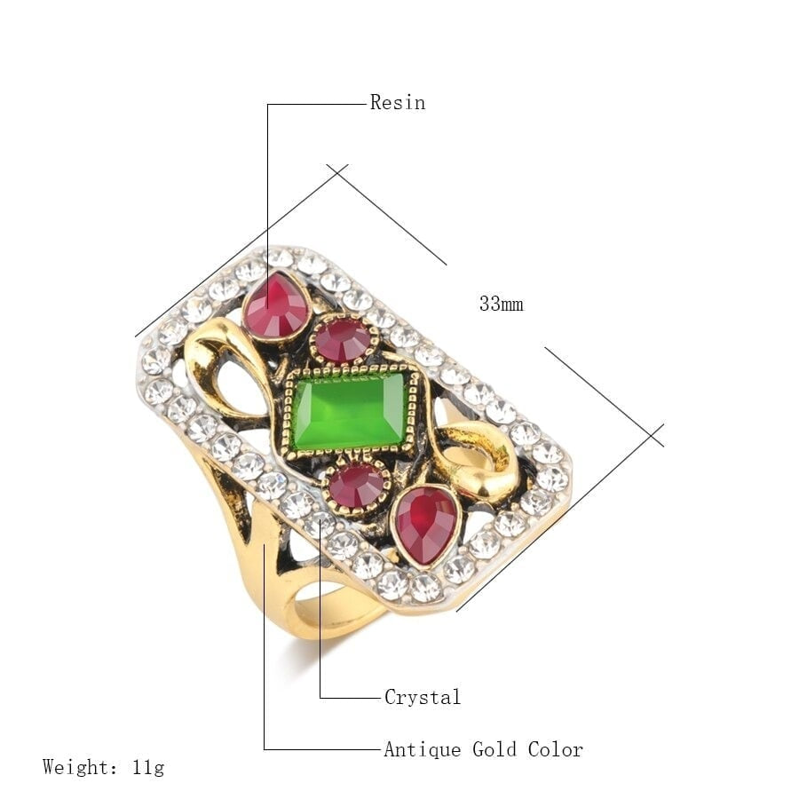 Big Vintage Green & Red Mosaic Antique Gold Ethnic Ring