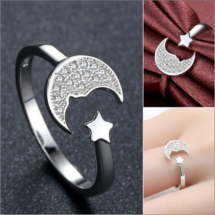 Sterling Silver Creative Personality Moon And Stars Open Ring
