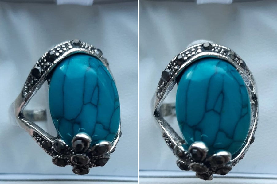 Vintage Blue Turquoise Flower Retro Silver Tibet Ring
