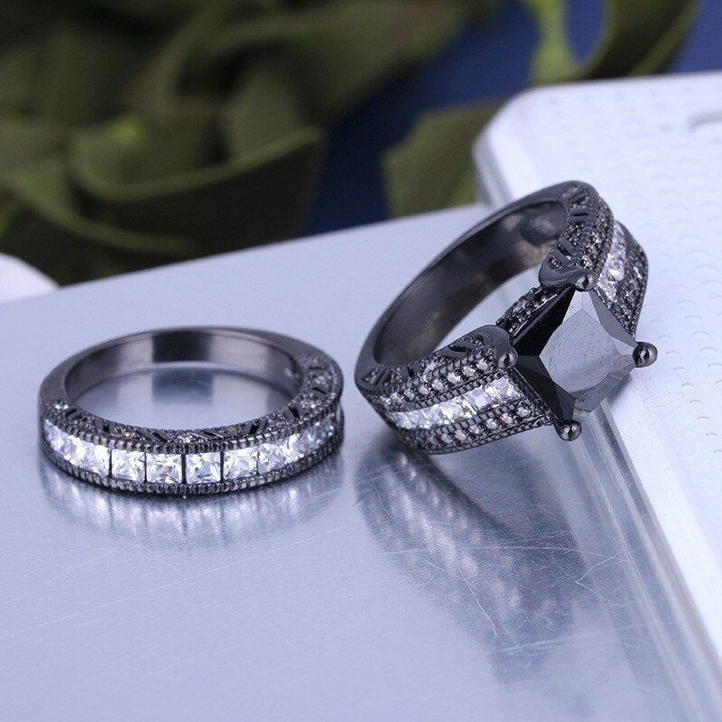 2Pcs Sterling Silver Black Zirconia Engagement Ring Set