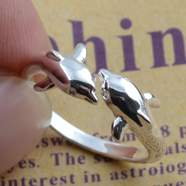 Swimming Dolphins Love Open Silver Ring