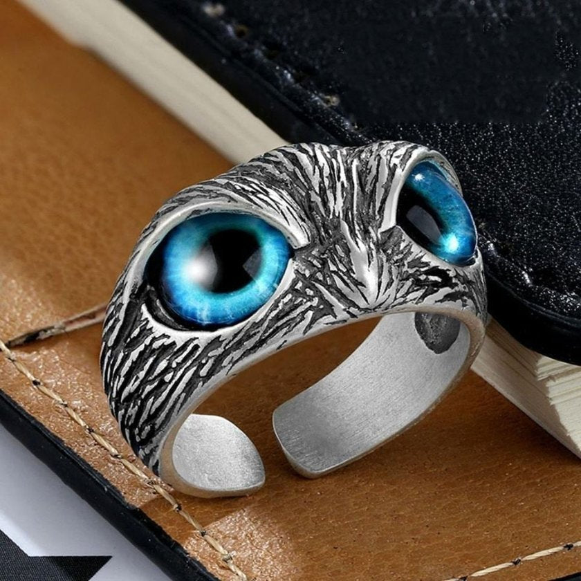 Glaring Nighthawk Eye Carved Silver Open Ring